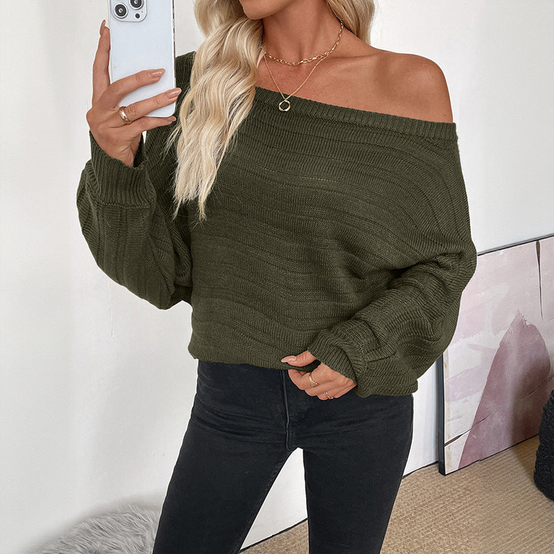 Damen Oversize Off-Shoulder Grobstrick-Tunika mit überschnittener Schulter und Ballonärmeln Drune