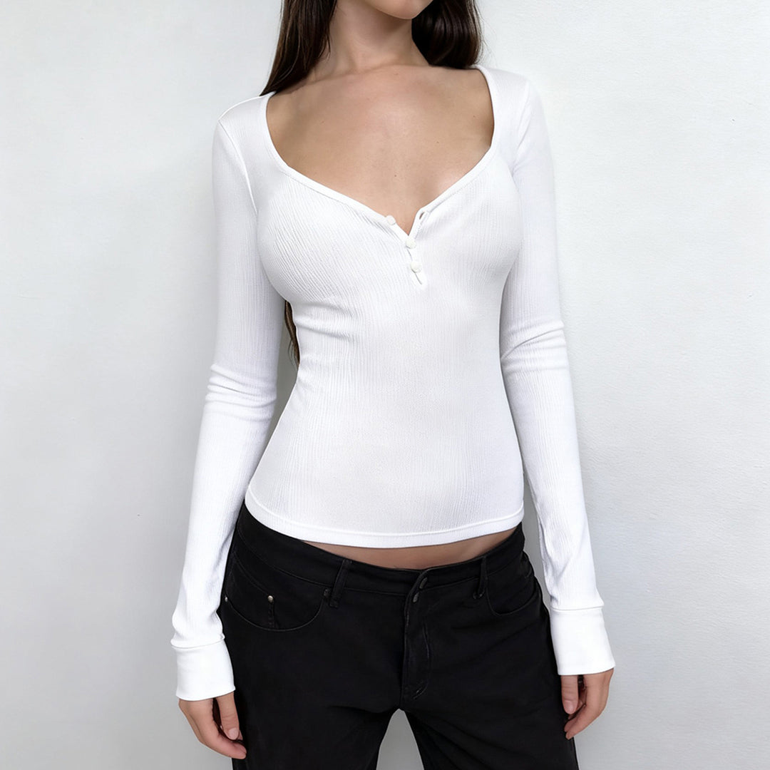Damen nan figurbetontes geripptes Langarm-Henley-Top mit tiefem V-Ausschnitt und Knopfleiste Drune