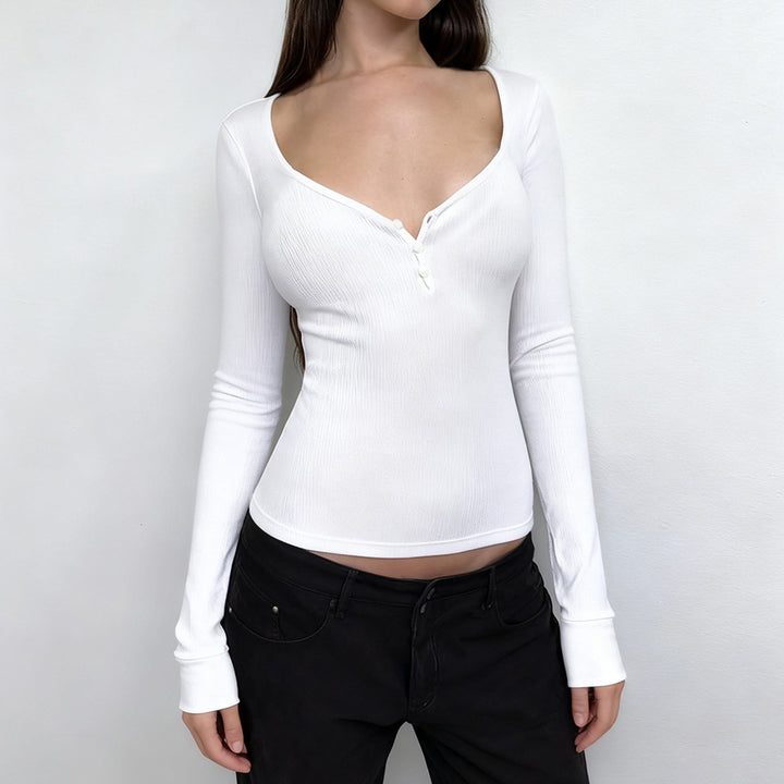 Damen nan figurbetontes geripptes Langarm-Henley-Top mit tiefem V-Ausschnitt und Knopfleiste Drune