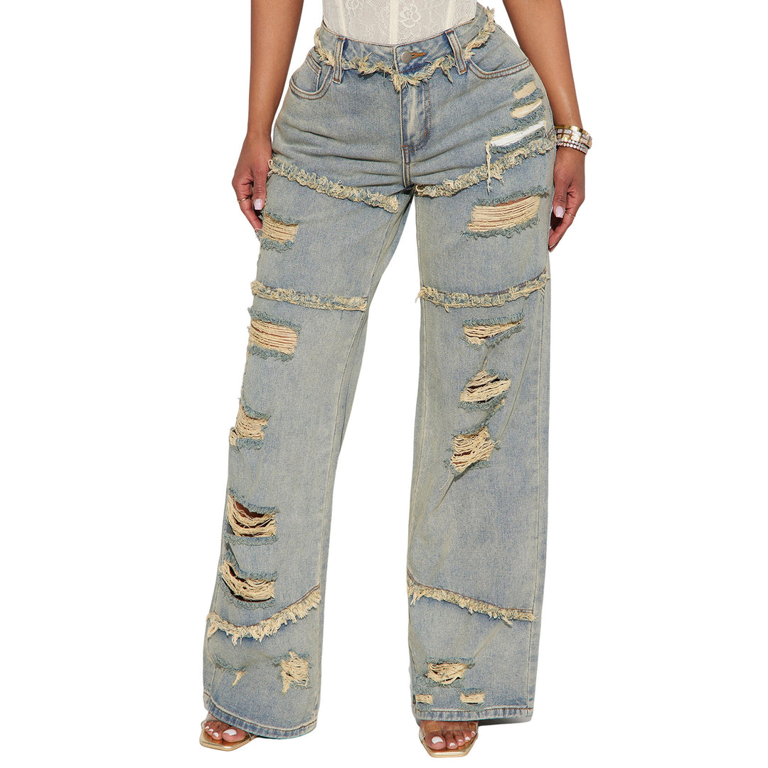 Damen Hochtaillierte Oversize-Jeans mit weitem Bein und ausgefransten Rissen Drune