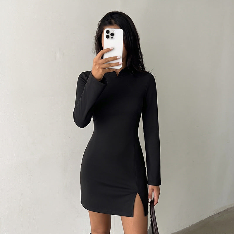 Damen Elegantes Kleid mit Stehkragen und langem Arm Drune