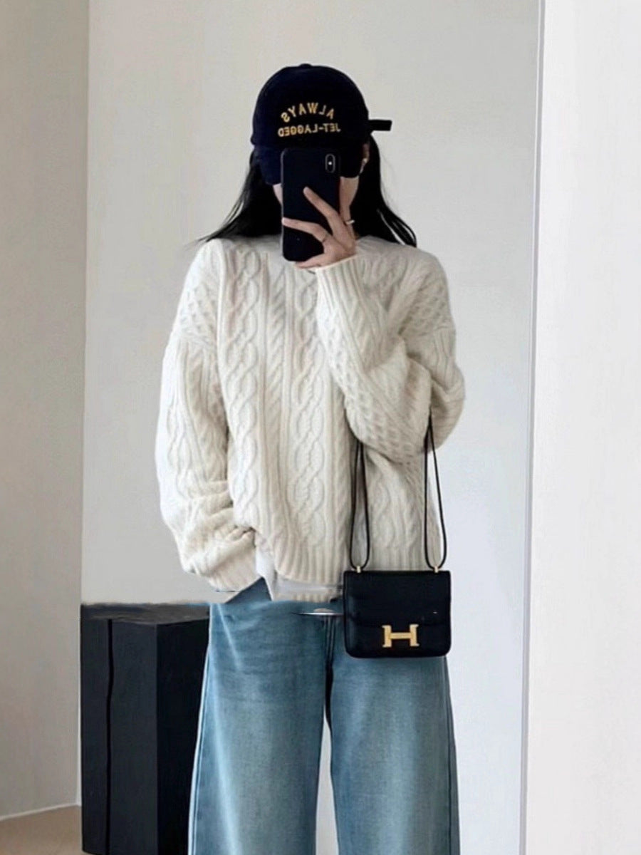 Damen Oversize Zopfmuster‑Pullover mit Rundhalsausschnitt und lässiger Schulterpartie Drune