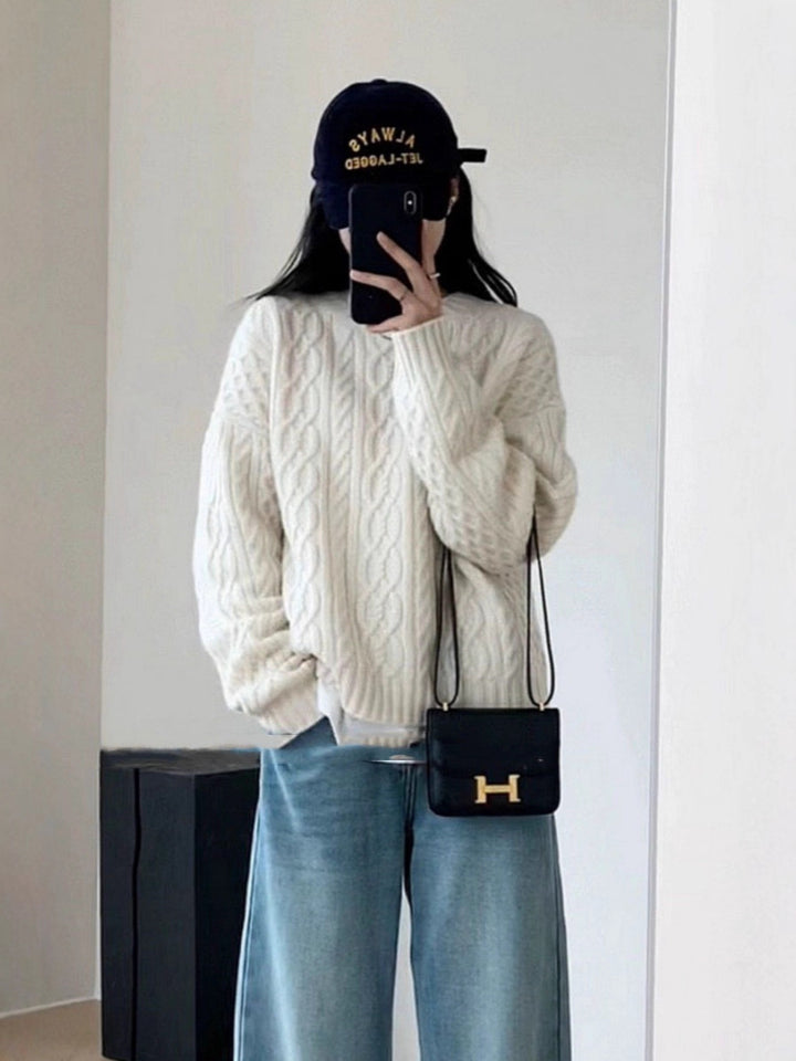 Damen Oversize Zopfmuster‑Pullover mit Rundhalsausschnitt und lässiger Schulterpartie Drune
