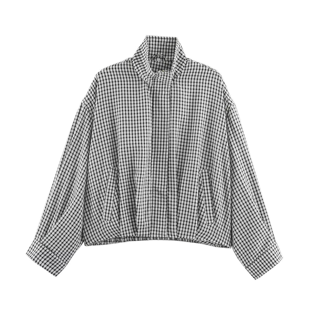 Damen Oversize Karierte Blousonjacke mit Stehkragen Drune