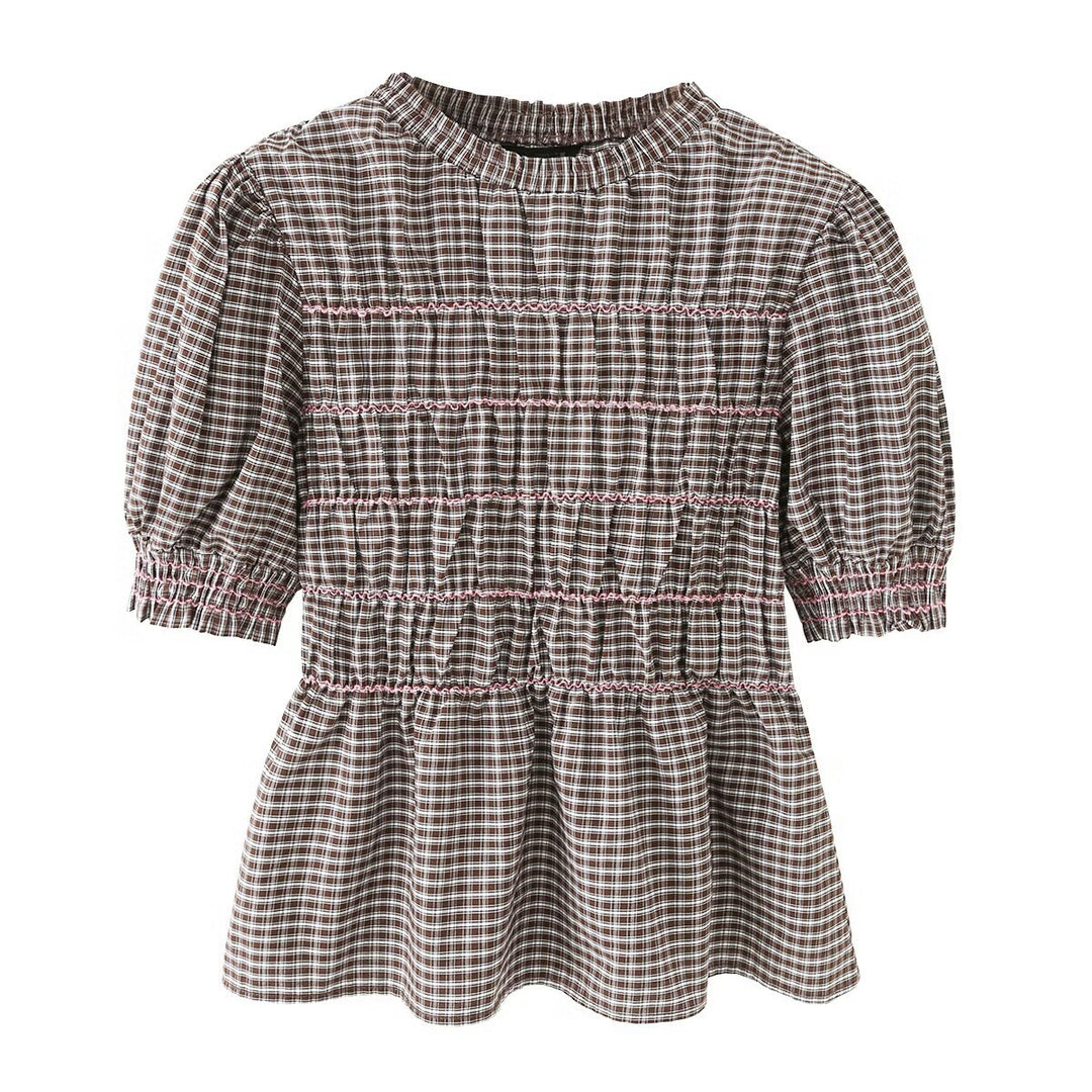Damen Kariertes Smock-Tunika-Top mit Volantbund und Puffärmeln Drune