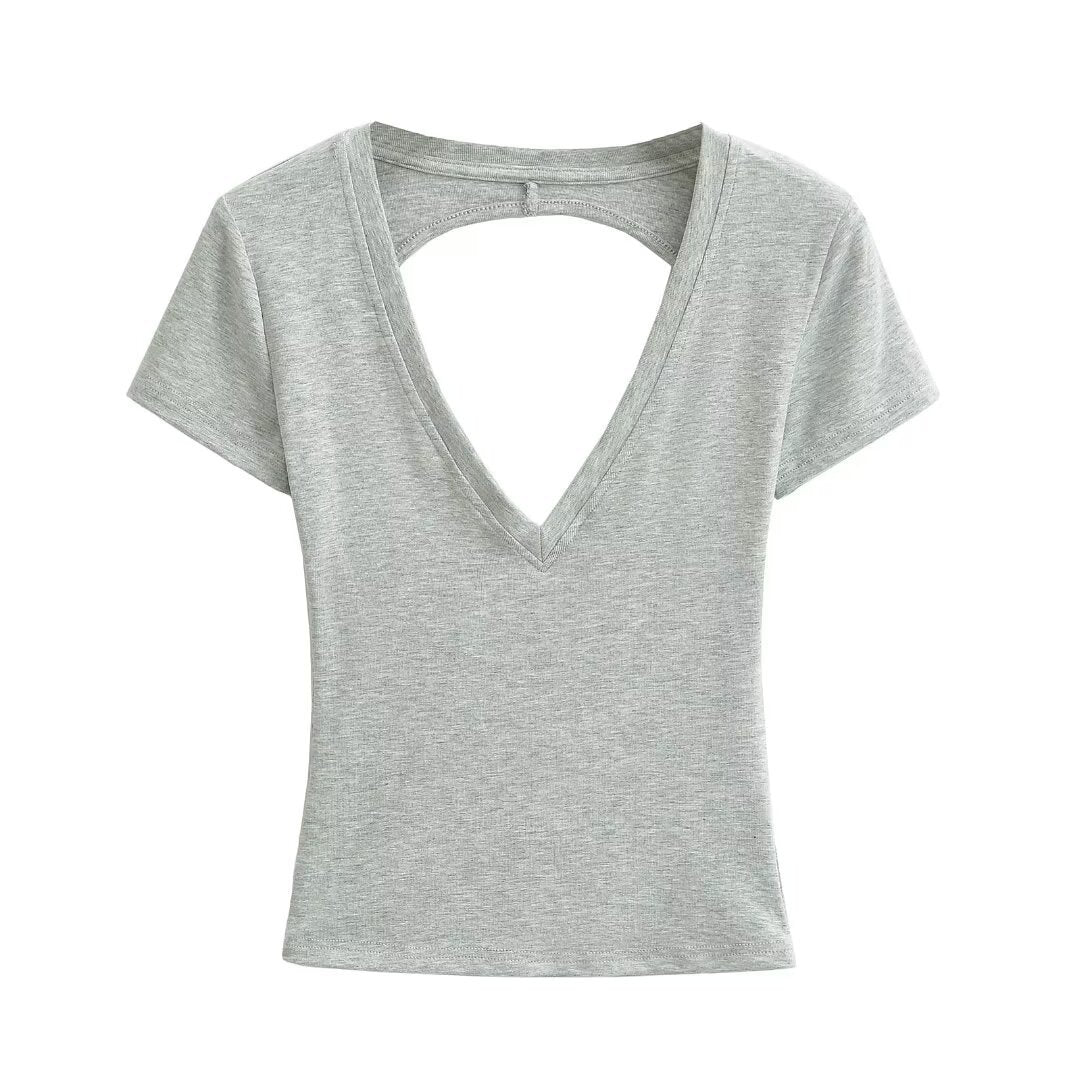 Damen modisches V-Ausschnitt T-Shirt mit offenem Rücken Drune