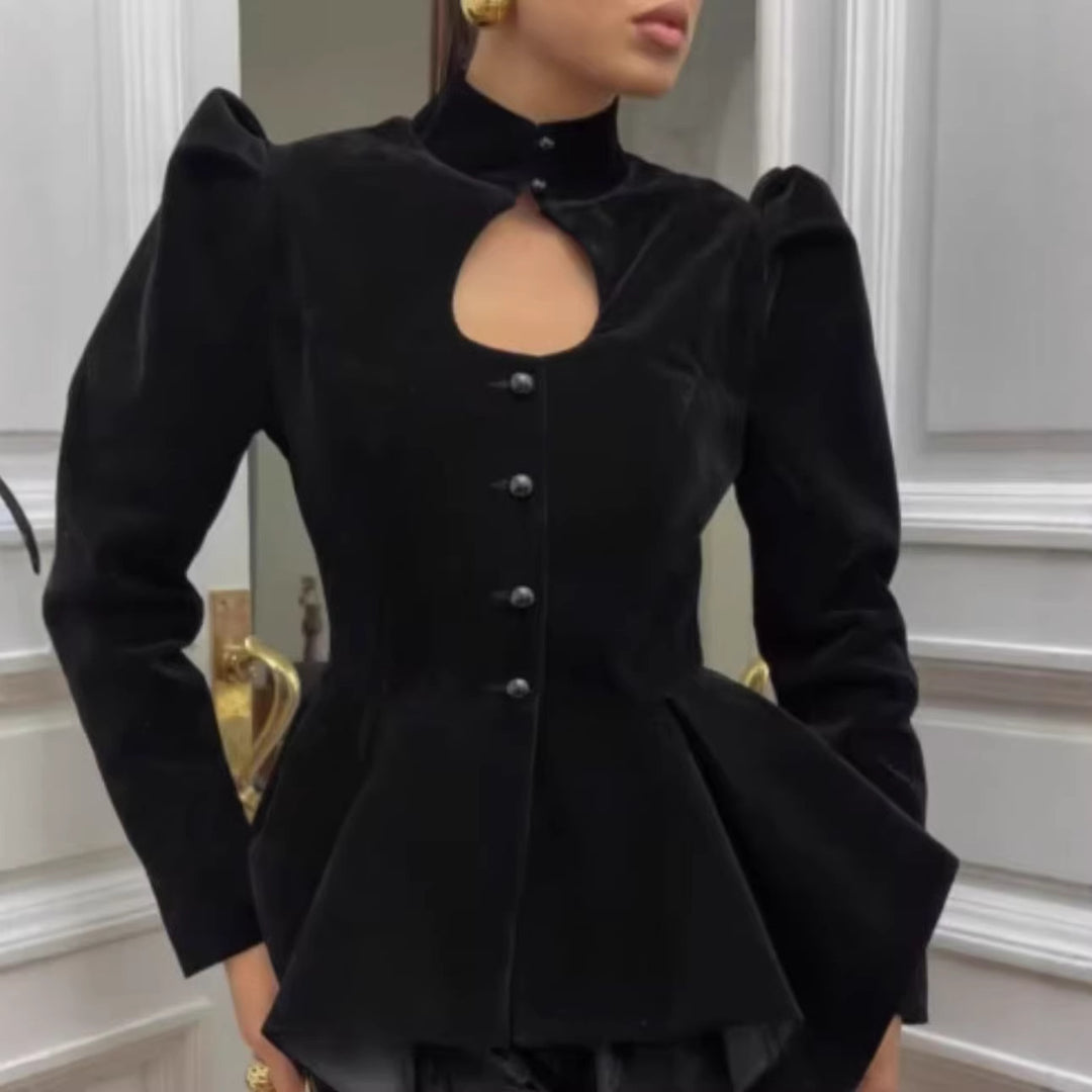 Damen 100+ taillierte Satinbluse mit Stehkragen, Puffärmeln und Schößchen Drune