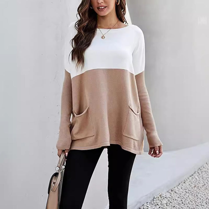 Damen Strickpullover mit großen Fronttaschen und kontrastiertem Design Drune