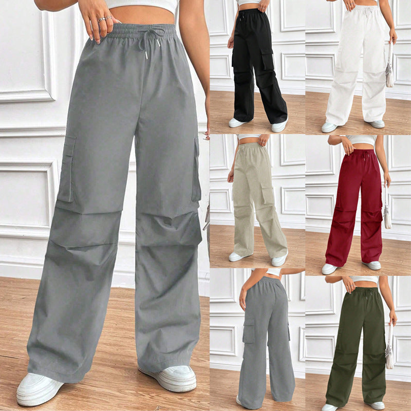 Damen Weite High‑Waist Cargo‑Hose mit Elastikbund und großen Klappentaschen Drune