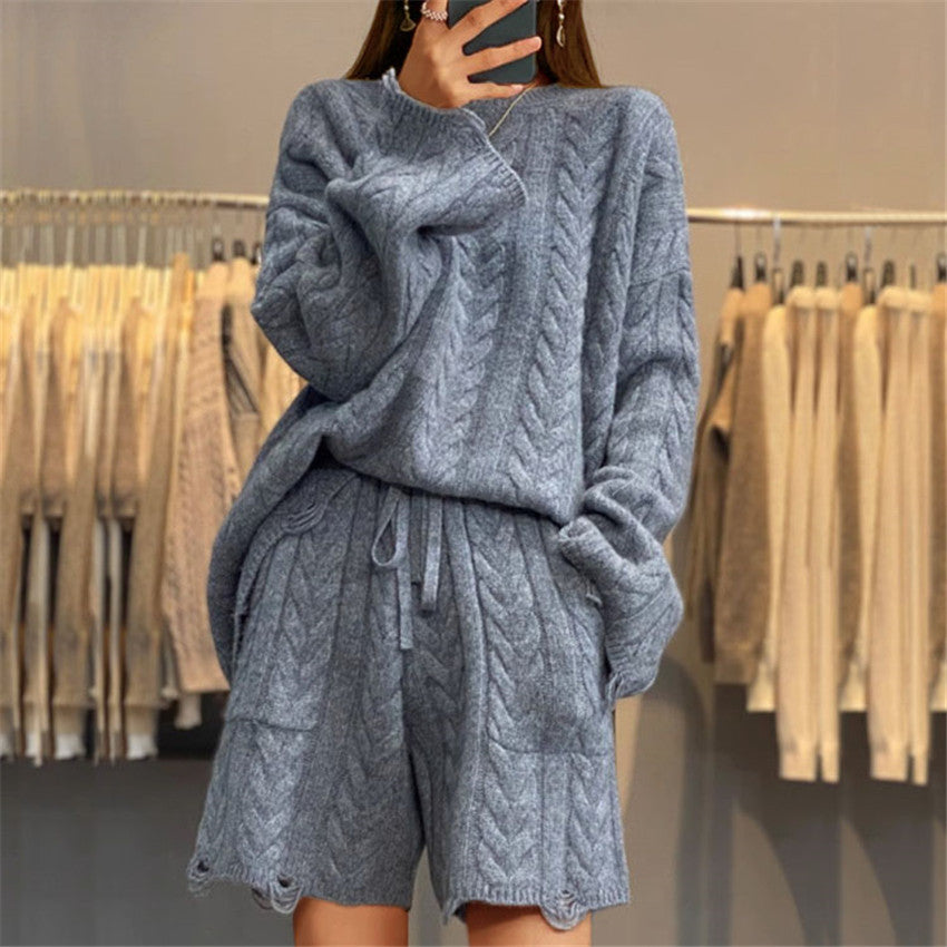 Damen nan kuscheliges Zopfmuster-Strickset mit Rundhals-Pullover und Taillen-Shorts Drune