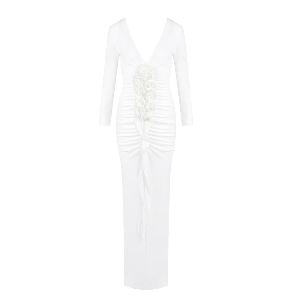 Damen Langärmliges Maxikleid mit figurschmeichelndem Drapé und floralen Applikationen Drune