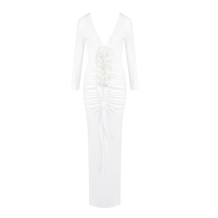Damen Langärmliges Maxikleid mit figurschmeichelndem Drapé und floralen Applikationen Drune