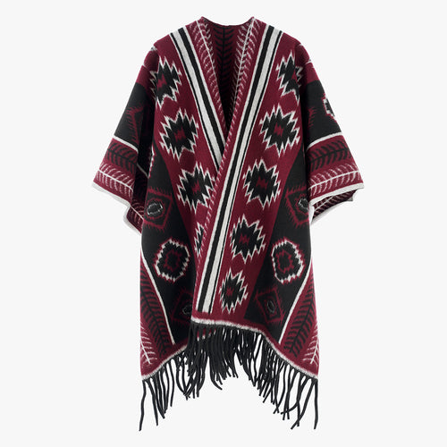 Damen Ethno-Jacquard-Poncho mit Fransen und offenem Oversize-Fall Drune