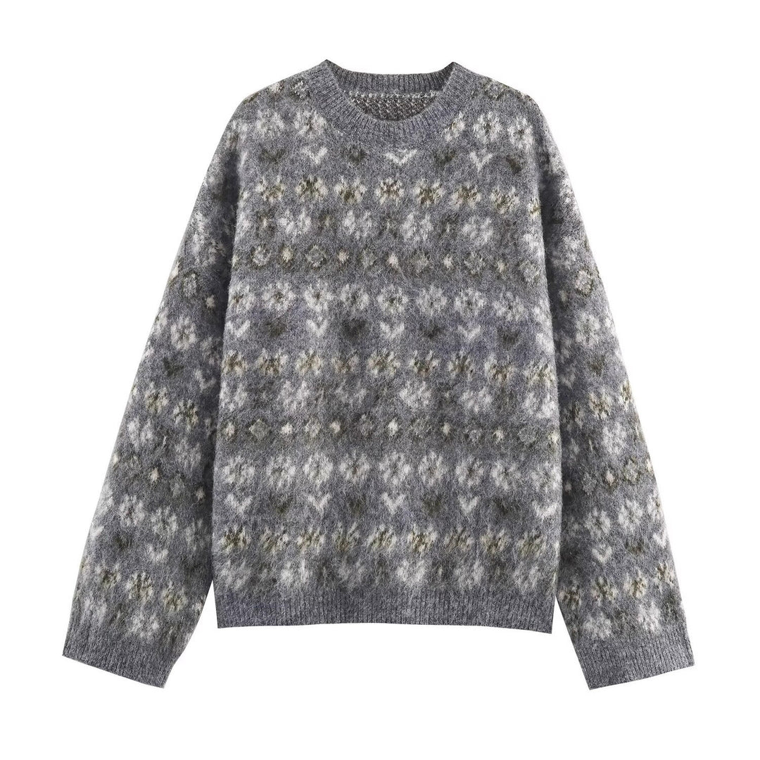 Damen Oversize Jacquard-Pullover aus weichem Mohair‑Mix mit Rundhalsausschnitt Drune