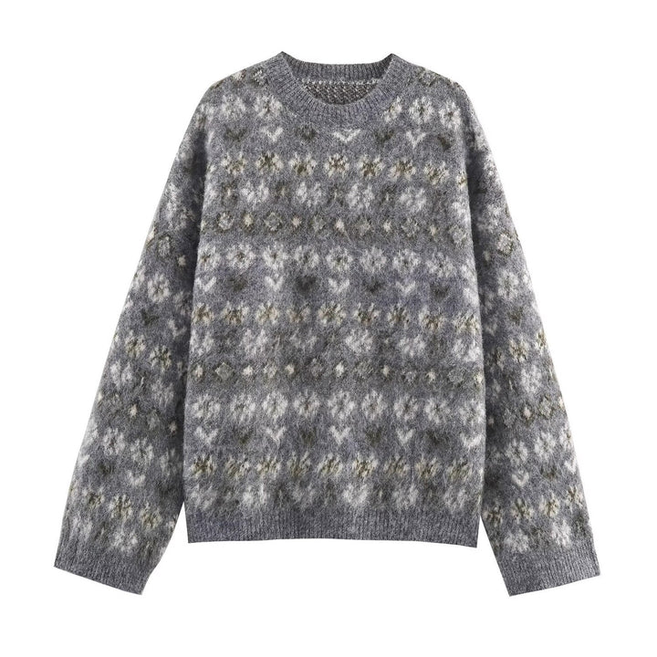 Damen Oversize Jacquard-Pullover aus weichem Mohair‑Mix mit Rundhalsausschnitt Drune