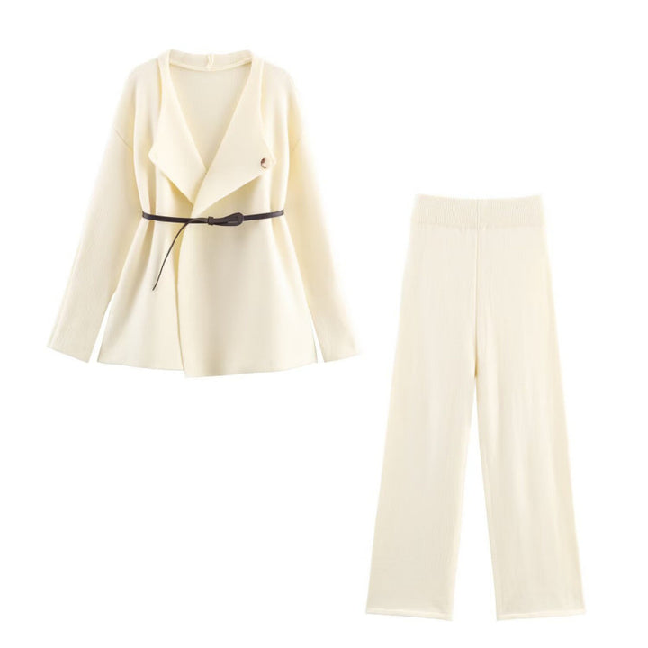 Damen elegantes Strickset mit tailliertem Blazer und weitem Hosenbein Drune