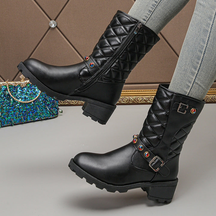 Damen modische Stiefeletten mit dekorativen Schmuckdetails und robustem Profil Drune