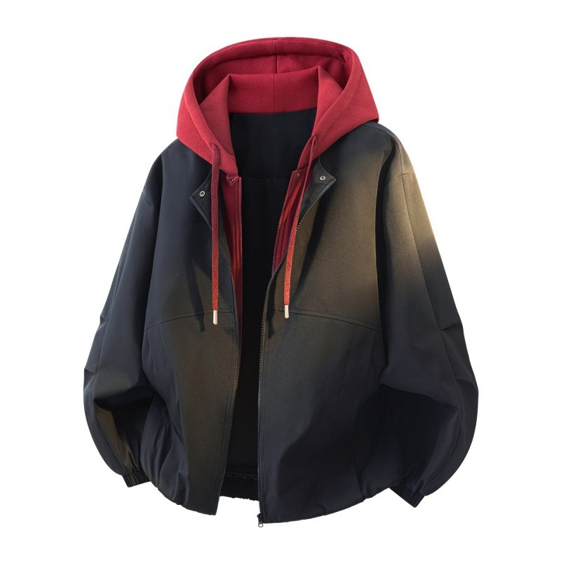Herren Oversize Lagenlook Bomberjacke mit abgesetzter Kapuzen-Innenjacke und elastischem Saum Drune