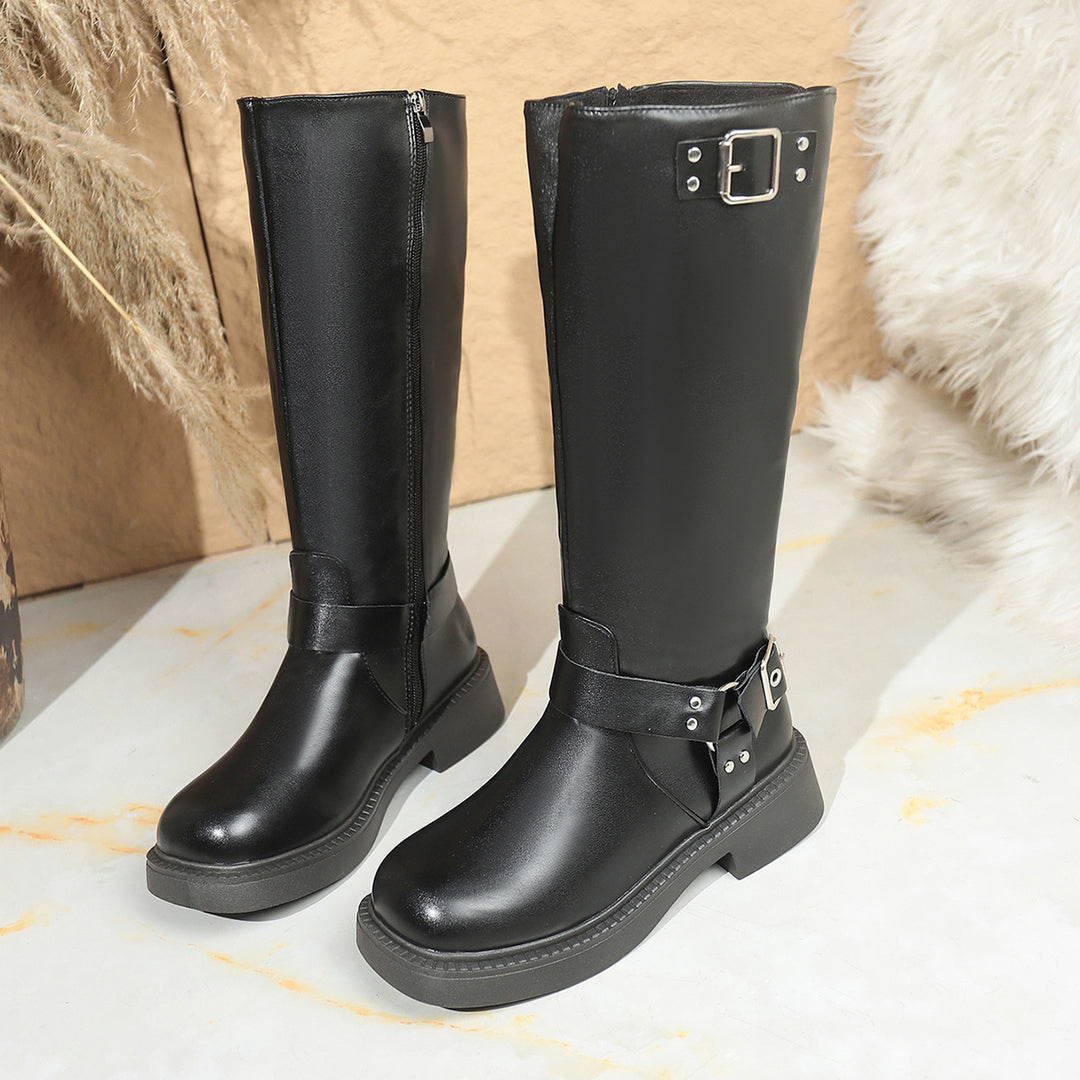 Damen Kniehohe Bikerstiefel mit seitlichem Reißverschluss und Dekorschnallen Drune