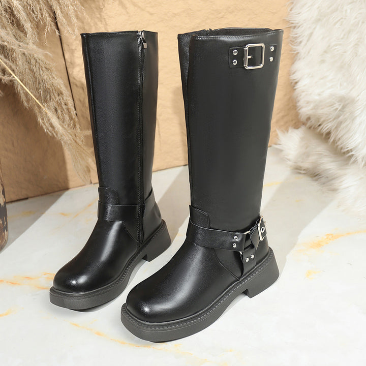 Damen Kniehohe Bikerstiefel mit seitlichem Reißverschluss und Dekorschnallen Drune
