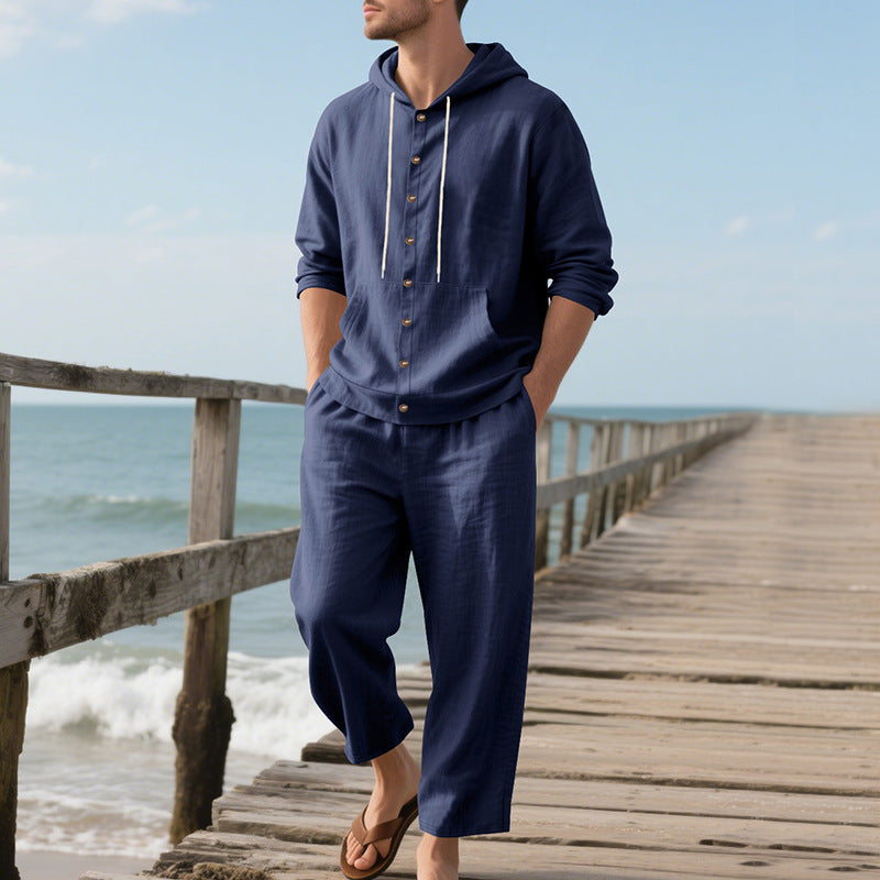 Herren nan lockeres Strand-Ensemble aus leichter Leinenmischung mit Kapuzen-Henley und elastischer Bundhose Drune