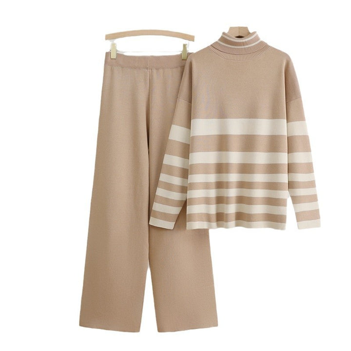 Damen Komfortables Strick-Loungewear-Set mit hohem Kragen und breiten Streifen Drune
