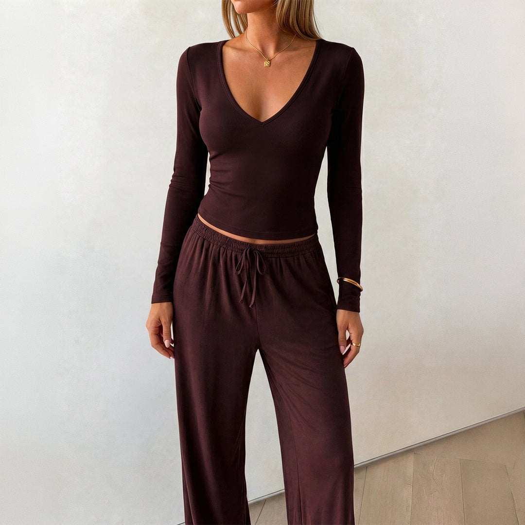 Damen nan elegantes Lounge-Set mit figurbetontem V-Ausschnitt Longsleeve und weiten Relax-Hosen Drune