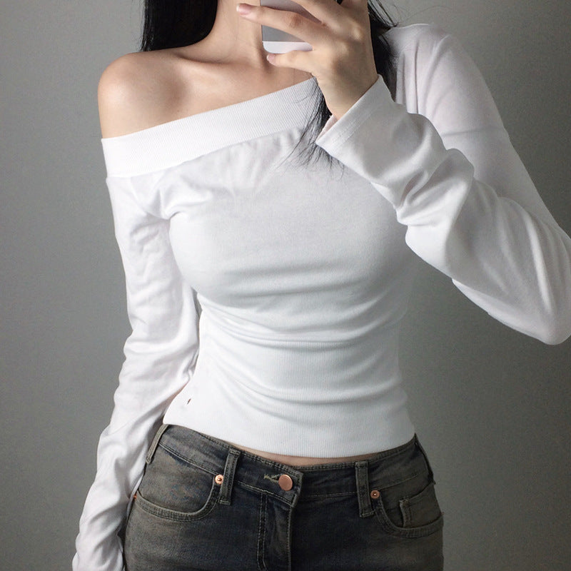 Damen nan schulterfreies Langarmshirt mit taillierter Silhouette und seitlicher Knopfleiste Drune