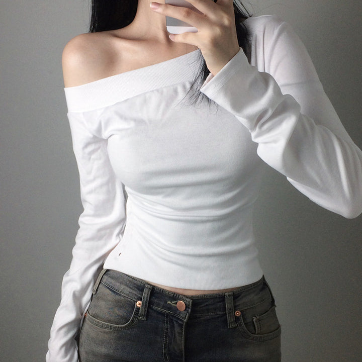 Damen nan schulterfreies Langarmshirt mit taillierter Silhouette und seitlicher Knopfleiste Drune