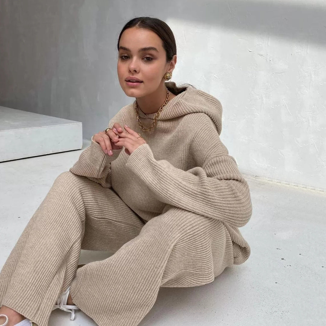 Damen gemütliches Lounge-Set mit Kapuzenpullover, Kängurutasche und weitem Jersey-Hose Drune