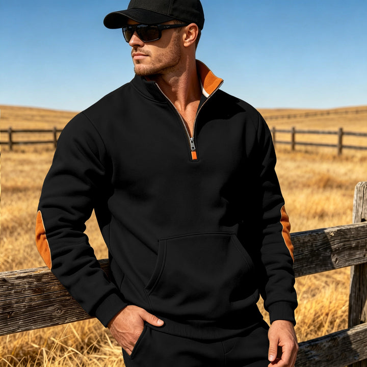 Herren Athletisches Halbzip-Sweatshirt mit Ellenbogenpatches und Kängurutasche Drune