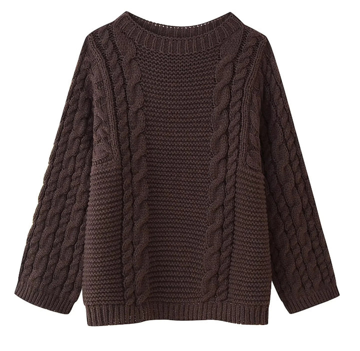 Damen 1800+ Oversize Zopfmuster‑Strickpullover mit weitem Rundhals und Ballonärmeln Drune