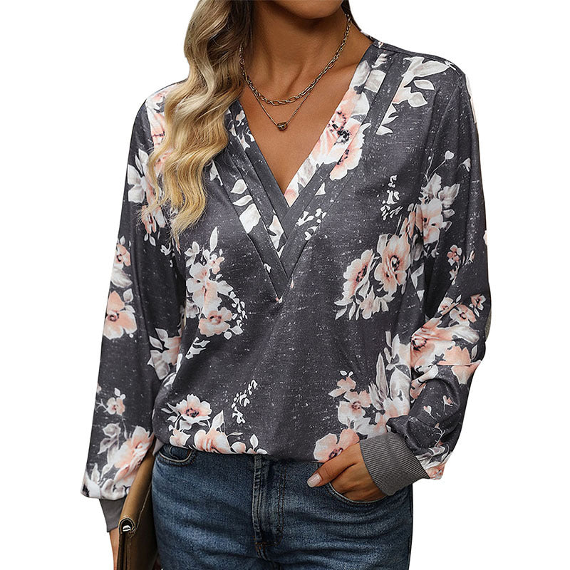 Damen Blütenmuster Pullover mit V-Ausschnitt Drune
