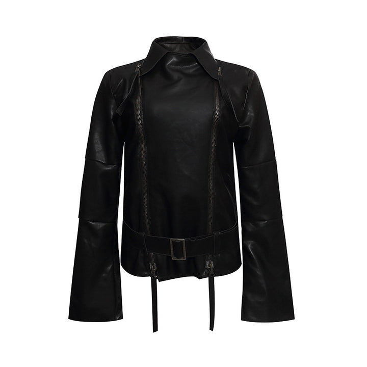 Damen Kunstleder-Bondagejacke mit verlängerten Ärmeln, Doppel-Reißverschlüssen und Taillengürtel Drune