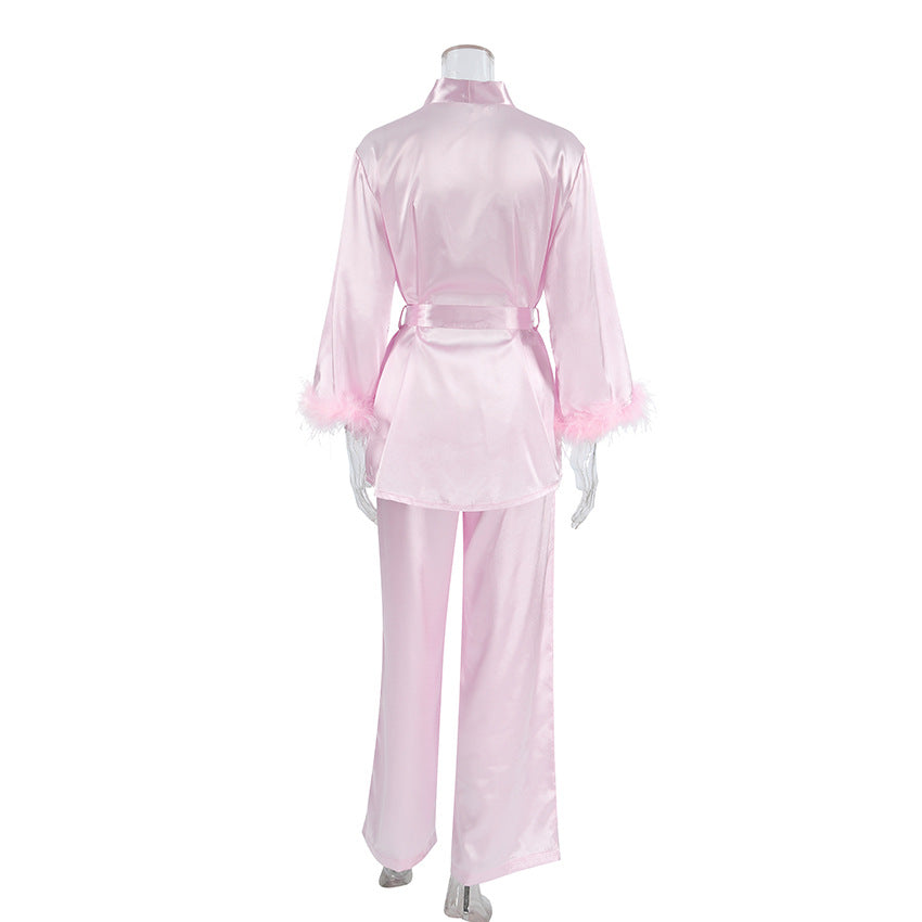 Damen elegantes Satin-Pyjama-Set mit modischen Federdetails Drune