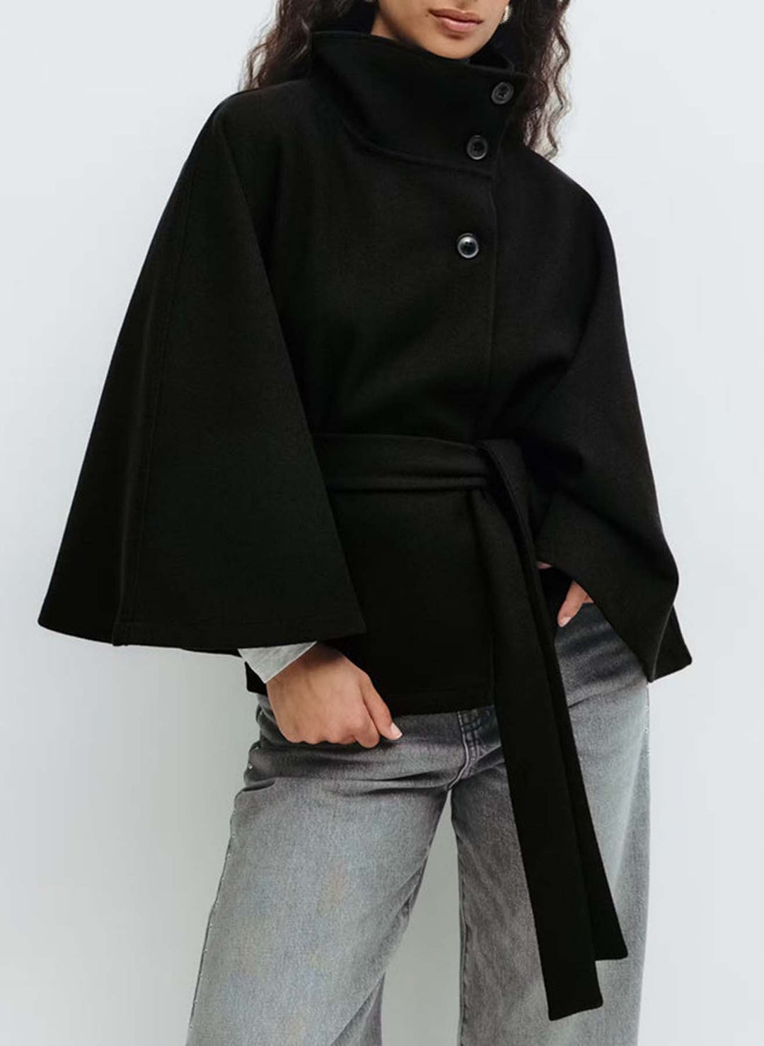 Damen Kurzcape-Mantel mit Stehkragen, Oversize-Ärmeln und Bindegürtel Drune