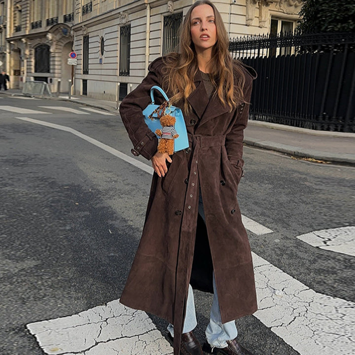 Damen Langer Trenchcoat aus weichem Wildlederimitat mit modischen Details Drune