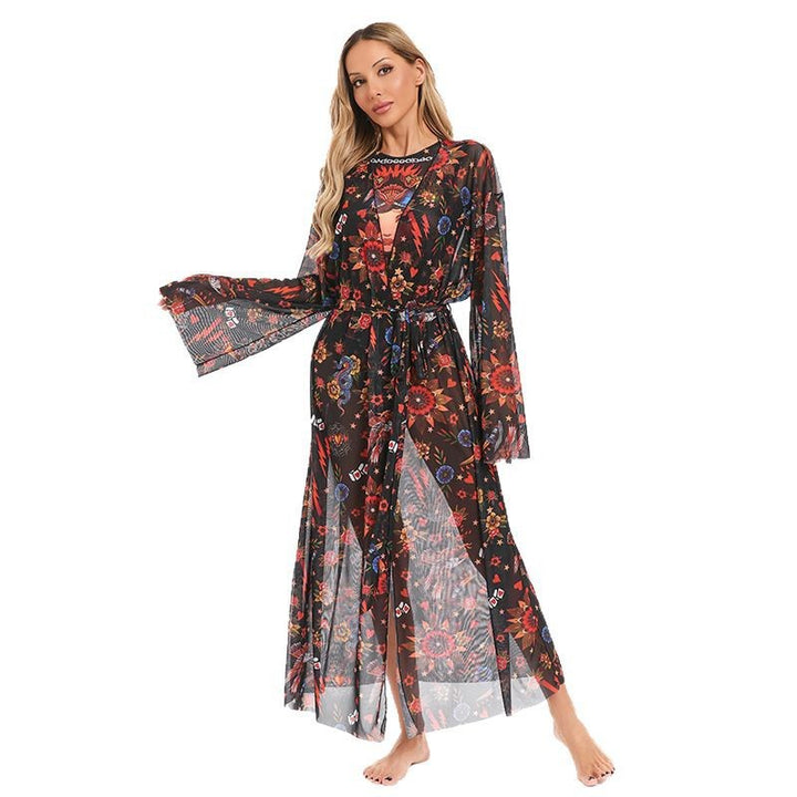 Damen eleganter transparenter Strandkimono mit floralem Design Drune