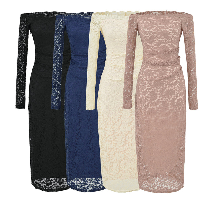 Damen Schulterfreies Spitzenkleid mit Taillenraffung und Langarm Drune