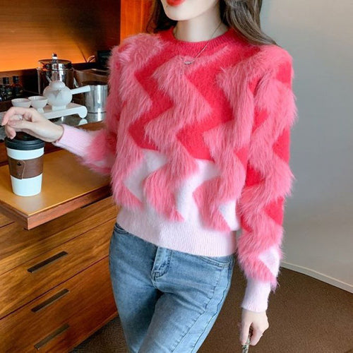 Damen Kuscheliger Statement-Pullover mit Geometrischem Muster Drune