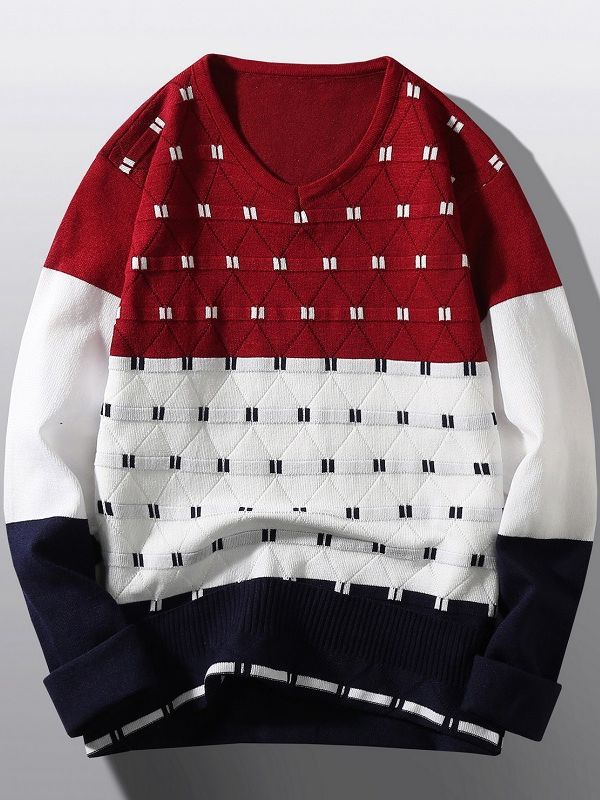 Damen modischer V-Ausschnitt Pullover mit grafischem Strukturmuster Drune