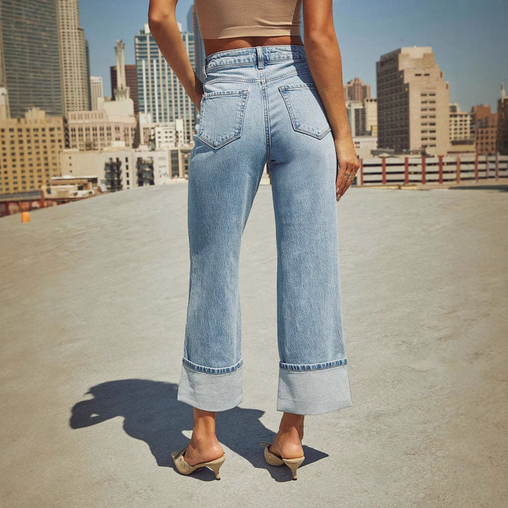 Damen nan hochgeschnittene Culotte-Jeans mit breitem Umschlag und geradem Bein Drune