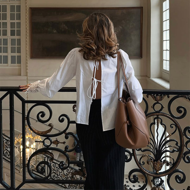 Damen Bluse mit eleganten Spitzenakzenten und Puffärmeln Drune