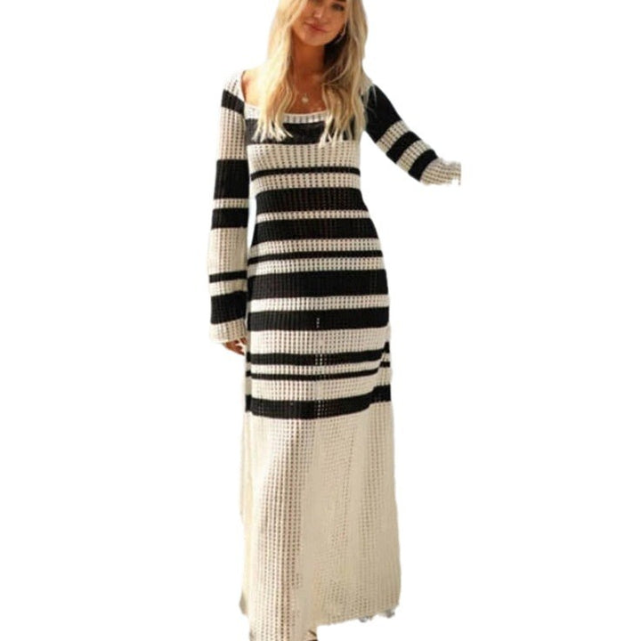 Damen Strickmaxikleid mit modischem Streifenmuster und eleganten Ärmeln Drune
