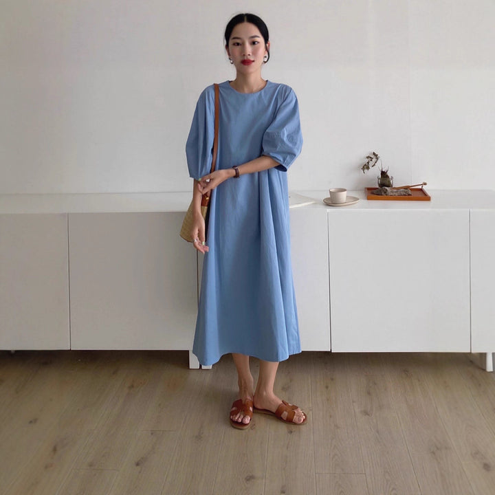 Damen Leichtes A-Linien Midikleid aus Baumwoll-Popeline mit ballonförmigen Ellenbogenärmeln Drune