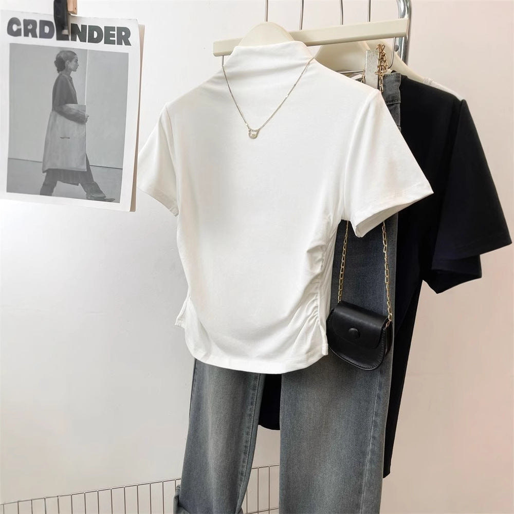 Damen figurbetontes T-Shirt mit Stehkragen und raffiniertem Rüschendetail