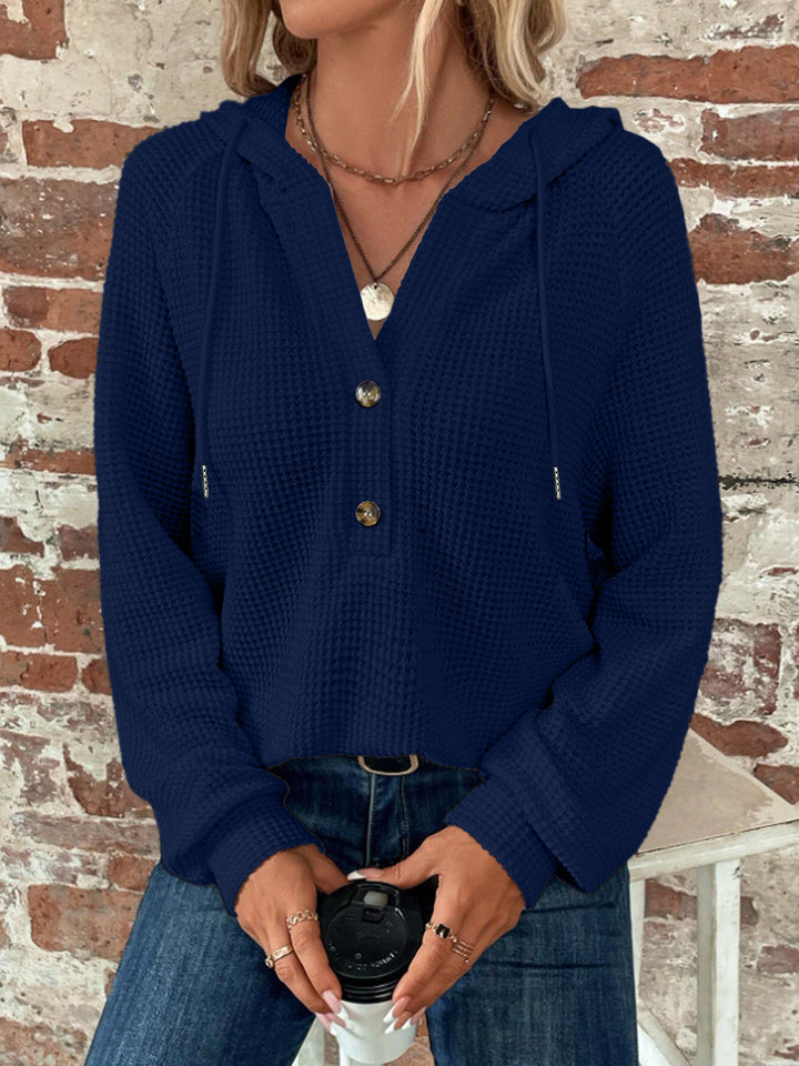 Damen Waffelstrick Kapuzenpullover mit Knopfleiste und Rüschenkragen Drune