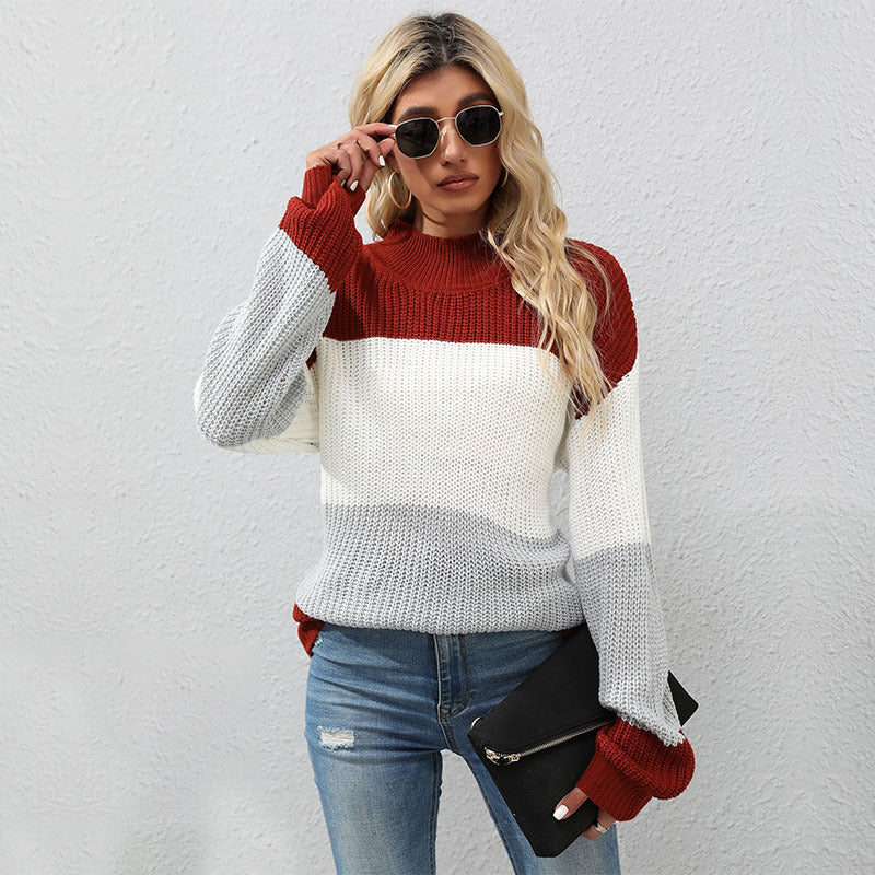 Damen Strickpullover mit Blockstreifen und Stehkragen Drune