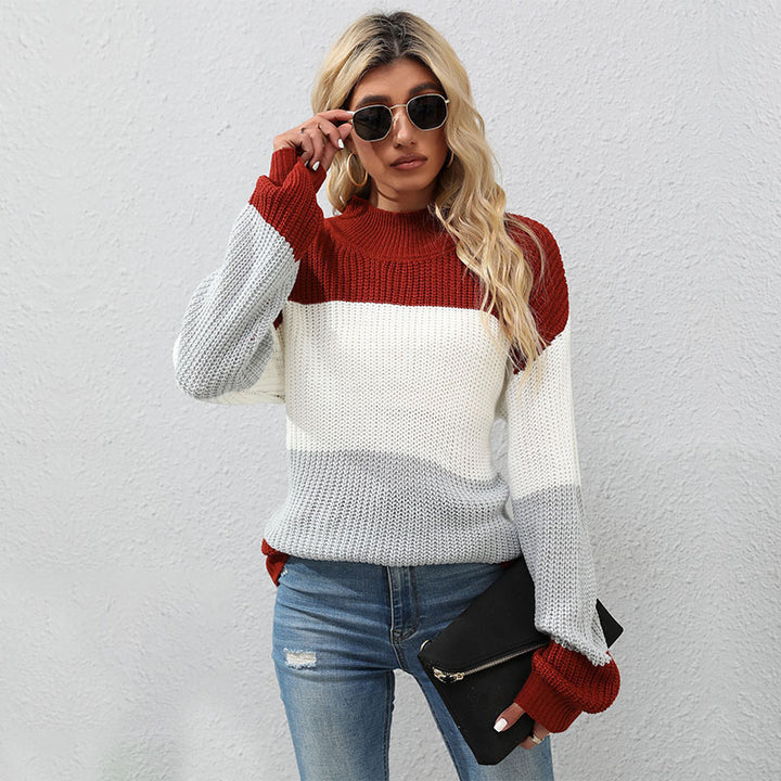 Damen Modischer Strickpullover mit hohem Kragen und Blockstreifen Drune