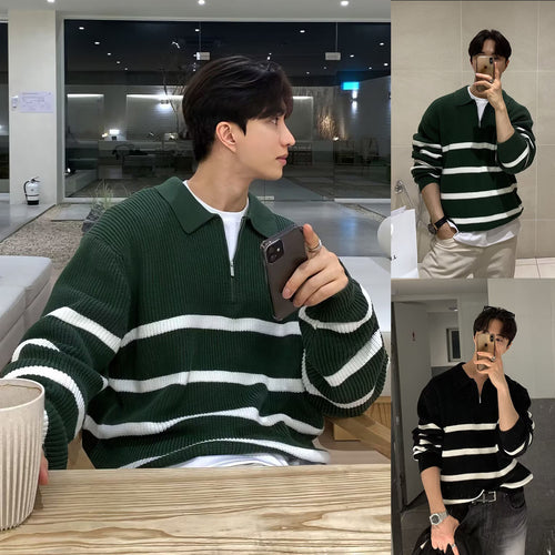 Herren Modischer Kurzarm Pullover mit Streifen Drune